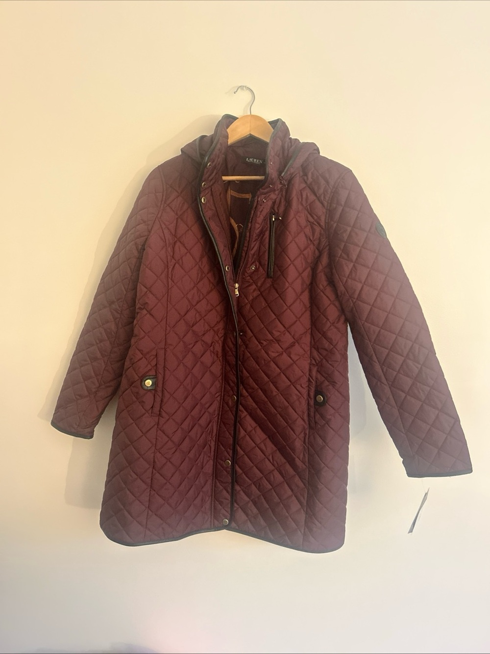 Lauren Ralph Lauren Diamond-Quilted Hooded Puffer Coat Parka Burgundy Size L NWT